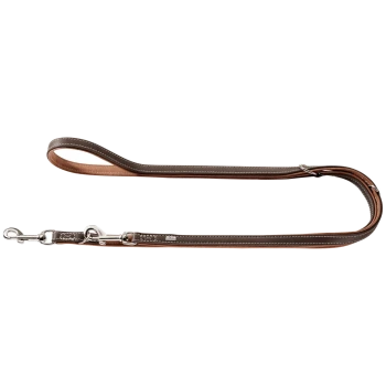 Braune Leder-Hundeleine mit weißen Nähten, mit einem stabilen Metallclip zur Befestigung.