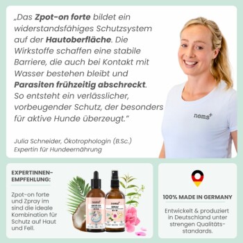 Vergleich von Hundepflegeprodukten: "Zpot-on" Öl mit Pipette und "Zpray" Spray, das Anwendung, Wirkungen und Vorteile für Mehrtierhaushalte detailliert.