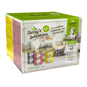 Betty's Selektion Katzenfutterbox mit 8 Dosen in 4 Geschmacksrichtungen, jeweils 200g. Der Text hebt natürliche Zutaten und Vielfalt für Katzen hervor.