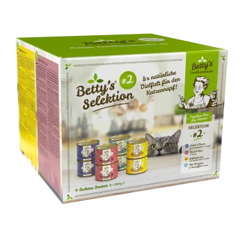 Betty's Selektion Katzenfutterbox mit 8 Dosen in 4 Geschmacksrichtungen, jeweils 200g. Der Text hebt natürliche Zutaten und Vielfalt für Katzen hervor.
