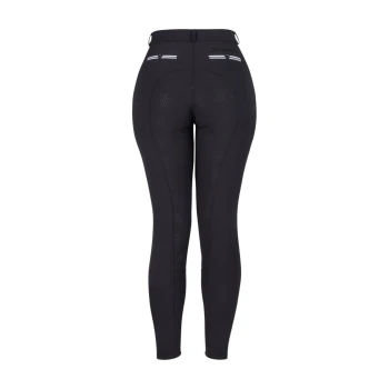 Schwarze Sportleggings mit hoher Taille, mit Netzpaneelen und zwei hinteren Taschen mit weißen Streifen.