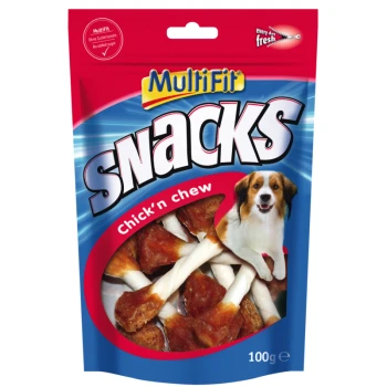 Multifit Snacks Chick'n Chew Hundeleckerlis Verpackung, mit einem verspielten Hundebild, auf einem leuchtend roten Hintergrund und 100g Gewichtsanzeige.