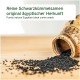 Ägyptische schwarze Kreuzkümmelsamen fallen aus einem Tontopf, mit dem Text: "Reine Schwarzkümmelsamen original ägyptischer Herkunft."