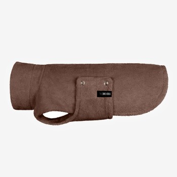 Brauner Hundemantel mit weicher Textur, ausgestattet mit einer Tasche und dem Etikett "THE DOG IDEA."
