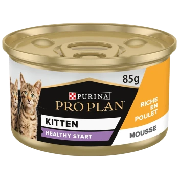 Boîte de nourriture pour chat Purina Pro Plan Kitten Healthy Start mousse, 85g, présentant deux chatons tigrés sur l'étiquette et le texte "Riche en Poulet."