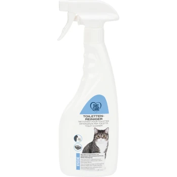 Katzentoilettenreiniger Weiße Sprühflasche mit der Aufschrift "TOILETTEN-REINIGER" und einem Katzenbild, das anzeigt, dass es sich um einen Toilettenreiniger für Haustiere handelt.