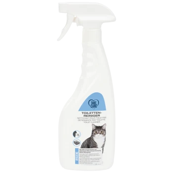 White spray bottle labeled "TOILETTEN-REINIGER" with a cat image, indicating it's a toilet cleaner for pets.