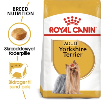 Royal Canin Adult Yorkshire Terrier Hundefutter-Tüte mit einem Yorkie in einer Schleife, die rassespezifische Ernährung für ein gesundes Fell zeigt.
