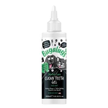 Flasche Bugalugs Dental Care Clean Teeth Gel für Haustiere, frische Minze, reduziert Plaque, kein Bürsten nötig, 200 ml.