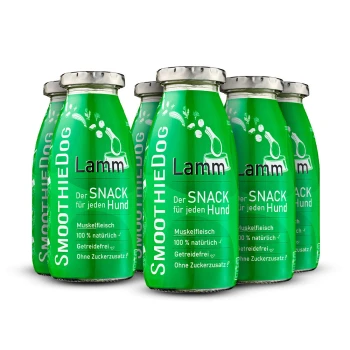 Grüne Smoothie-Flaschen mit der Aufschrift "SmoothieDog" und "Lamm" sowie "Der SNACK für jeden Hund", die Zutaten wie Superfoods und Kräuter enthalten.