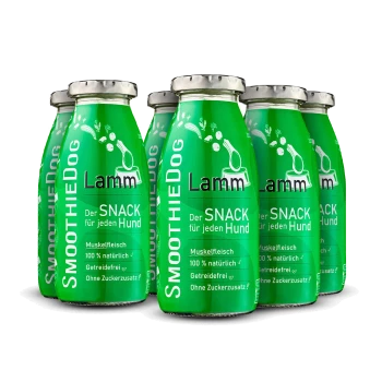 Grüne Smoothie-Flaschen mit der Aufschrift "SmoothieDog" und "Lamm" sowie "Der SNACK für jeden Hund", die Zutaten wie Superfoods und Kräuter enthalten.