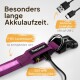 Lila Haustierhalsband mit USB-C-Ladeanschluss, mit Text über lange Akkulaufzeit (7-8 Stunden) und 300 mAh Kapazität.