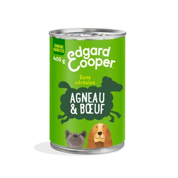 Boîte de nourriture pour chien Edgard Cooper, 400g, avec une étiquette verte portant "Agneau & Bœuf" et "Sans céréales," accompagnée d'illustrations d'un chien et d'un lion.