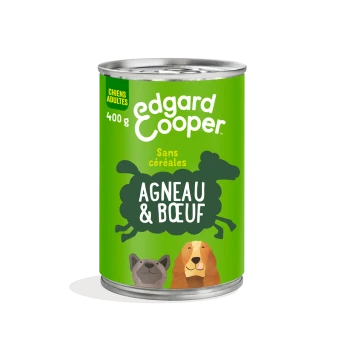 Boîte de nourriture pour chien Edgard Cooper, 400g, avec une étiquette verte portant "Agneau & Bœuf" et "Sans céréales," accompagnée d'illustrations d'un chien et d'un lion.