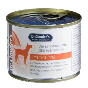 Dr. Clauder's Intestinal Hundefutterdose mit einer Hundesilhouette und zweisprachigem Text zu diätetischen Vorteilen und Struvitprävention.