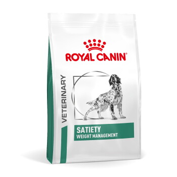Royal Canin Veterinary Hundefutterbeutel 'SATIETY Weight Management' mit Illustration eines stehenden Hundes und rotem Logo.