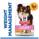 Hill's Science Plan Light dog food for weight management, featuring a smiling Chihuahua and text "WEIGHT MANAGEMENT" and "with chicken."