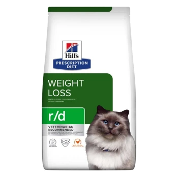 Hill's Prescription Diet r/d Gewichtsverlies kattenvoer zak met groen ontwerp, 'GEWICHTSVERLIES' label, en 'VETERINAIR AANBEVOLEN' tag.