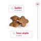 Croquettes pour animaux de compagnie brunes en forme d'os, avec un texte mettant en avant "Équilibre de nutriments" et "Teneur adaptée en calories."
