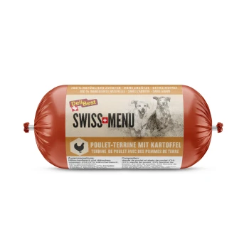 Rote zylindrische Verpackung von DeliBest Swiss Menu Hundefutter mit zwei Hunden auf dem Etikett, gekennzeichnet als "Poulet-Terrine mit Kartoffel."