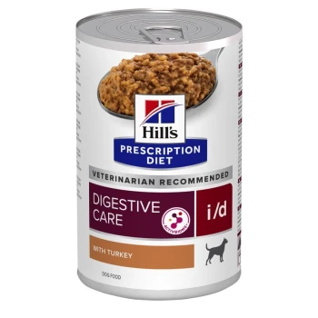 Prescription Diet i/d Nassfutter für Hunde, Adult, mit Truthahn zur Unterstützung der Verdauung 12x360 g Hill's Prescription Diet Nassfutter für Hunde mit der Bezeichnung "Digestive Care" mit Truthahn, mit einer Empfehlung von Tierärzten und dem ActivBiome-Logo.