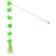 Green cat teaser wand with dangling tulle flower pom-poms and feather tail on white background