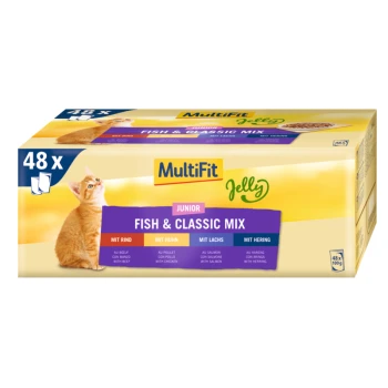 Packung mit 48 Katzenfutterbeuteln mit der Aufschrift 'MultiFit Junior Fish & Classic Mix', mit Geschmacksrichtungen: Rind, Huhn, Lachs und Hering.