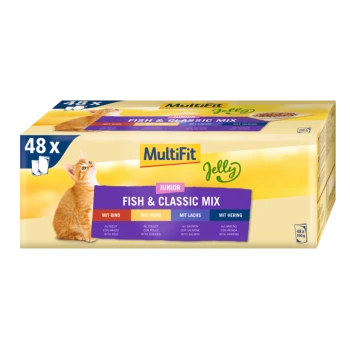 Pack of 48 cat food pouches labeled "MultiFit Junior Fish & Classic Mix," featuring flavors: beef, chicken, salmon, and herring.