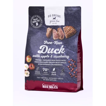 Bag of Go Native grain-free dog food featuring Free-Run Duck with apple & cranberry, highlighting 70% meat content and 100% Irish ingredients.