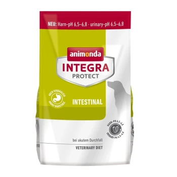INTEGRA Protect Intestinal 4kg Tüte mit Animonda Integra Protect Intestinal Hundefutter, grün-weiße Gestaltung, gekennzeichnet als veterinärmedizinische Diät für akuten Durchfall.