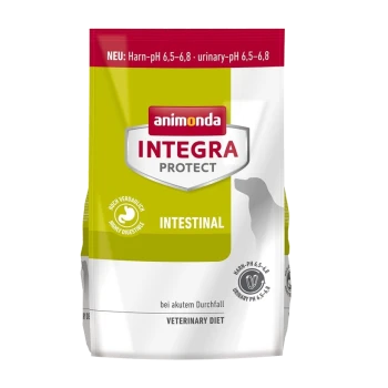 Zak van Animonda Integra Protect Intestinal hondenvoer, groen en wit ontwerp, gelabeld als een veterinaire dieet voor acute diarree.