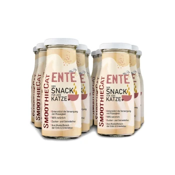 SmoothieCat Entensnack für Katzen in Glasflaschen, beschriftet mit "ENTEE der SNACK für jede KATZE," der 100 % natürliche Zutaten hervorhebt.
