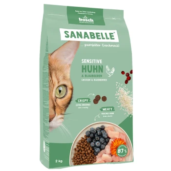 Die Verpackung für Katzenfutter zeigt das Gesicht einer Katze und liest "SANABELLE SENSITIVE HUHN & BLAUBEEREN" mit Trockenfutter, Huhn und Blaubeeren.