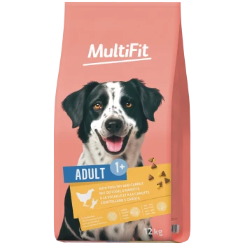 MultiFit-hondenvoertas, glimlachende zwart-witte hond, 'ADULT 1+', 'met gevogelte en wortel', 12 kg.