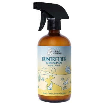 Braune Sprühflasche mit der Aufschrift "rumtreiber KOKOSSPRAY" mit einem grünen Design, das behauptet, Zecken, Flöhe und Milben abzuwehren.