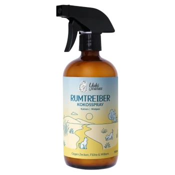 Braune Sprühflasche mit der Aufschrift "rumtreiber KOKOSSPRAY" mit einem grünen Design, das behauptet, Zecken, Flöhe und Milben abzuwehren.