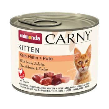 Carny Nassfutter Katze Kitten Kalb, Huhn und Pute 12x200 g Dosenfutter für Katzen, beschriftet mit "Animonda Carny Kitten", mit einem Bild eines orangefarbenen Kätzchens, mit Zutaten wie Kalbfleisch, Hähnchen und Truthahn.