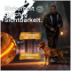 Ein Mann führt einen Golden Retriever in einem schummrigen Park, zeigt ein Halsband mit LED-Lichtern und reflektierenden Nähten für Sicherheit bei Nacht.