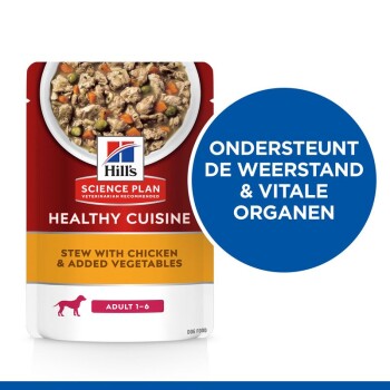 Hill's Science Plan Healthy Cuisine kipstoofpot hondvoer zakje voor volwassen honden van 1-6 jaar. Tekst: 'ondersteunt immuniteit & vitale organen.'