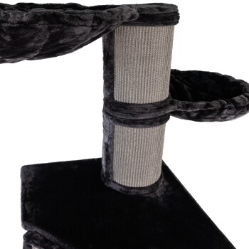 Schwarzer Katzenbaum mit plüschigem Stoff, der einen Kratzbaum und zwei gemütliche, runde Sitzflächen bietet.