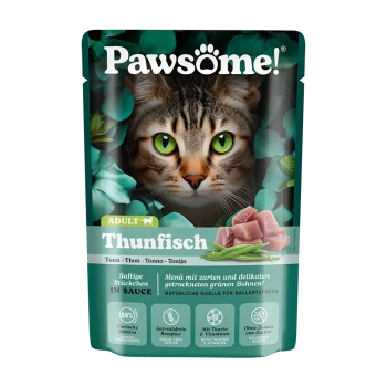 Pawsome! Katzenfutterbeutel mit Katzenkopf, Text 'Adult Thunfisch', Thunfischstückchen und grünen Bohnen.