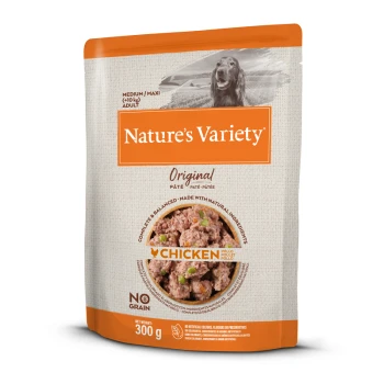 Pochette de nourriture pour chiens Nature's Variety Original, contenant du pâté de poulet avec des petits pois, étiquetée "Sans céréales", poids net de 300 g.