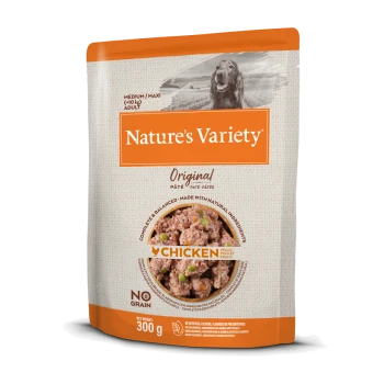 Pochette de nourriture pour chiens Nature's Variety Original, contenant du pâté de poulet avec des petits pois, étiquetée "Sans céréales", poids net de 300 g.