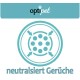 Logo von "optipet" mit einer kreisförmigen Grafik, die die Geruchsneutralisation veranschaulicht, begleitet von dem Text "neutralisiert Gerüche" in Blau.