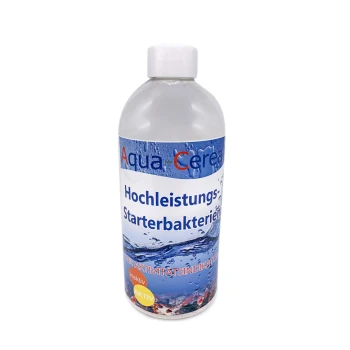 Flasche mit Aqua-Cereal Hochleistungs-Starterbakterien, einem Hochleistungsstarterbakterium für Aquarien, mit blauem und weißem Etikett.