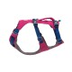 Rosa Hundegeschirr mit blauen Riemen und verstellbaren Schnallen, mit einem Griff oben für einfache Kontrolle.