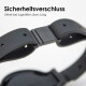 Schwarzer Sicherheitsverschluss für Haustierhalsbänder, beschriftet mit "Sicherheitsverschluss" und einem Hinweis, dass er bei Zugkräften über 2,5 kg öffnet.