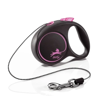 Black and pink retractable dog leash with a circular handle and a silver clip, featuring a dog silhouette logo.
