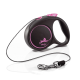 Black and pink retractable dog leash with a circular handle and a silver clip, featuring a dog silhouette logo.