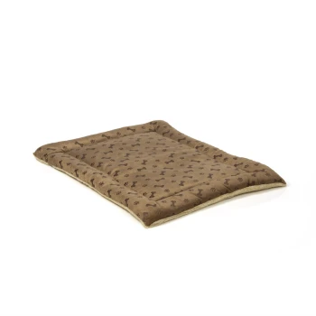 Ein braunes Haustierbett mit einem Knochen- und Pfotenabdruckmuster, das eine plüschige, gepolsterte Oberfläche und erhöhte Kanten für Komfort bietet.